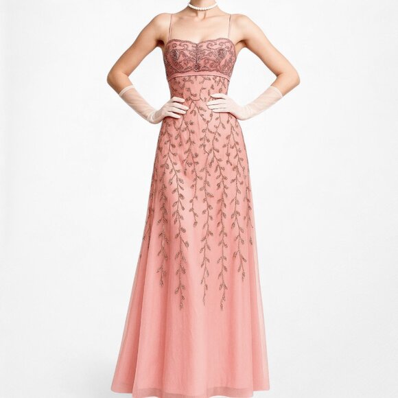 Vintage Pink Knit Bodycon Floral Beaded Mesh Maxi Prom Dress Size M/L - Picture 2 of 10